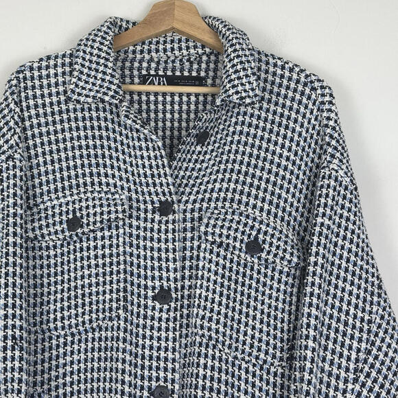 Zara Women’s Tweed Houndstooth Oversized Button-Up Shacket Jacket M Ruffle Boho - Picture 2 of 9